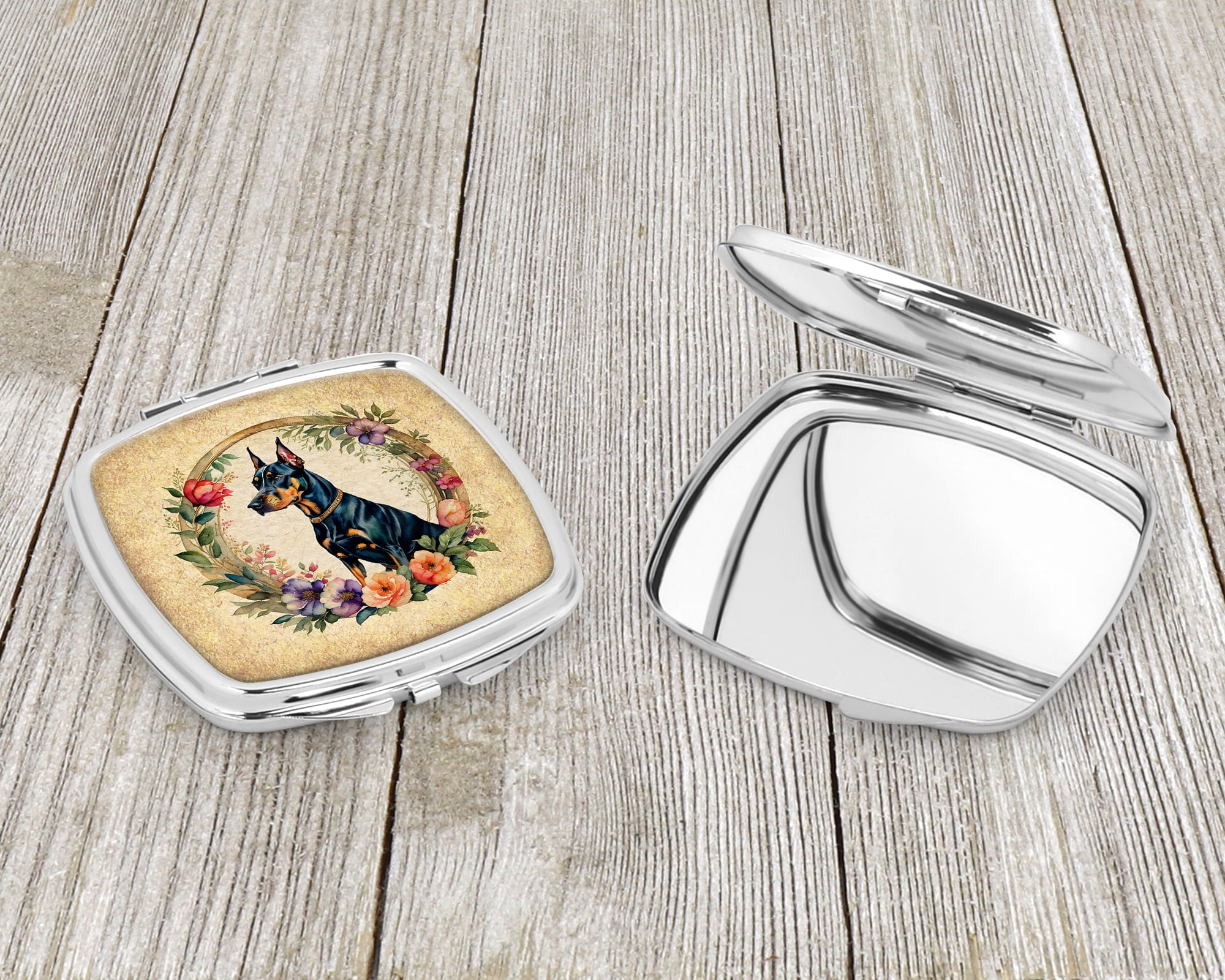 Doberman Pinscher and Flowers Compact Mirror 2.75 in x 3 in