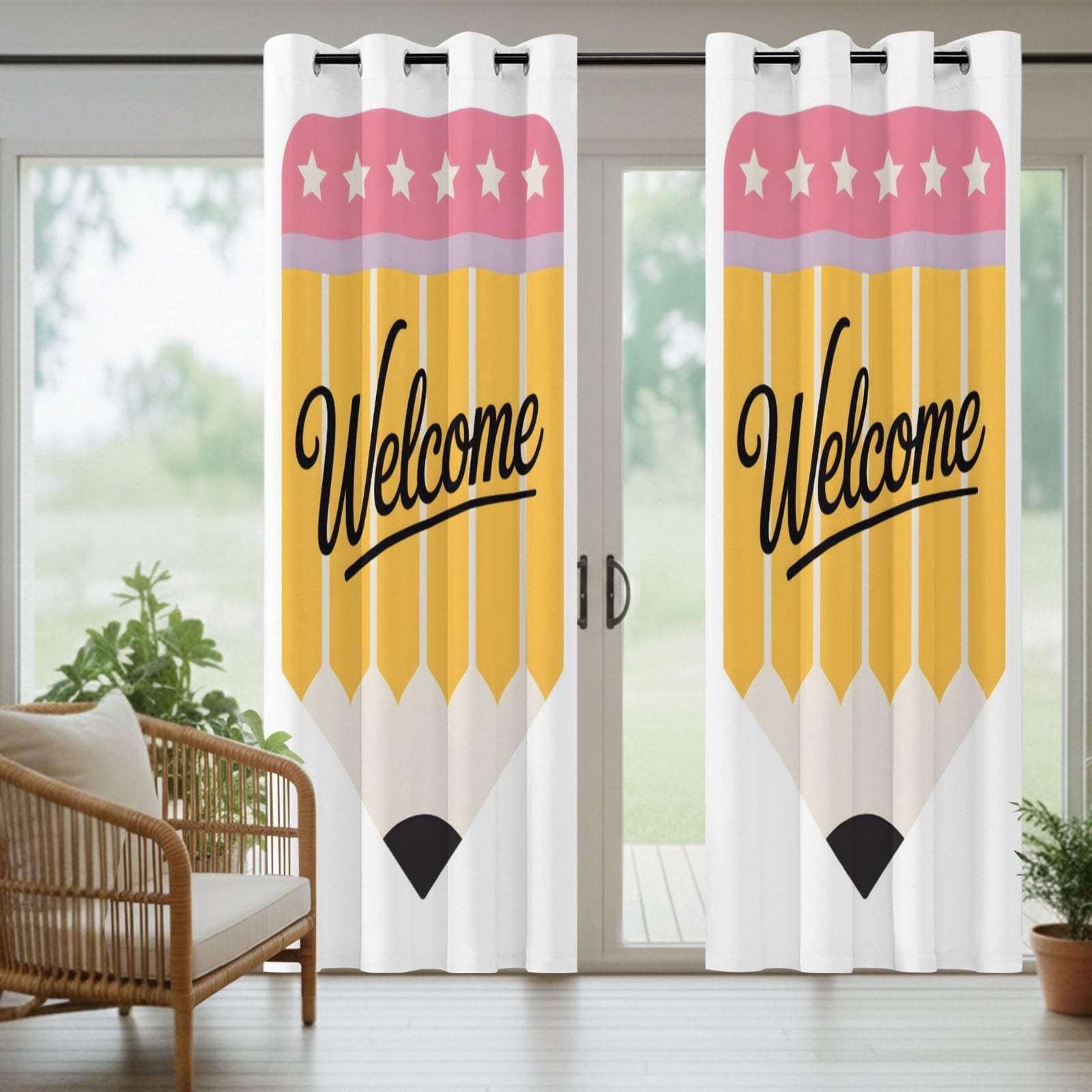 Yellow Pencil Outdoor Curtains for Patio, Welcome Back to School Academic Simple Sunshade Privacy Drapes Grommet Waterproof Outside Curtains for Porch/Cabana/Balcony 54"x 108", 1 Panel