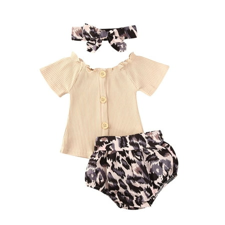 

Nokpsedcb Baby Girls Leopard Knitted Ruffles Tops Shorts Headband Outfits 3Pcs