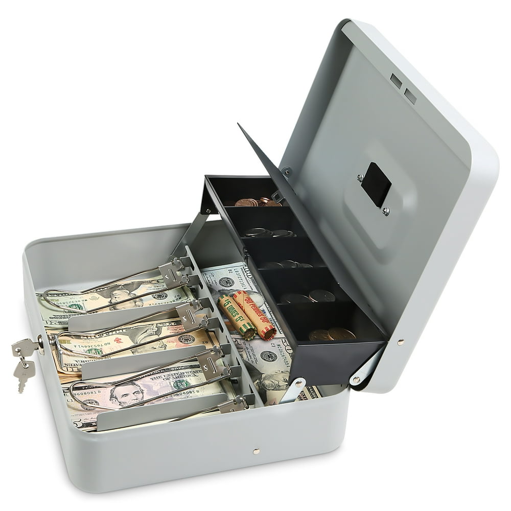 Cash Box with Key Lock Steel Tiered Money Coin Tray with Lid Cover