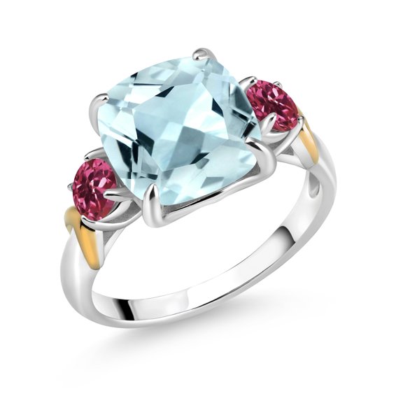 Gem Stone King 925 Silver and 10K Yellow Gold Sky Blue Simulated Aquamarine and Pink Tourmaline 3 Stone Ring for Women (4.30 Cttw, Gemstone Birthstone, Cushion 10MM, Round 4MM, Size 9)