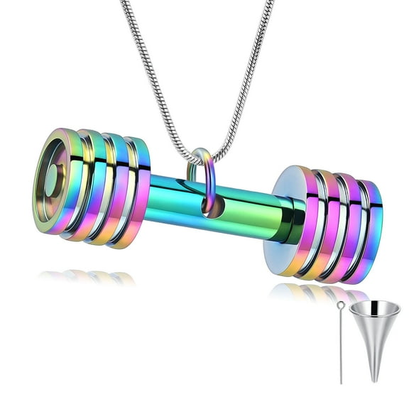 Constantlife Rainbow Barbell Dumbbells Cremation Pendant Small Urns For Ashes Keepsake Mini Urn Necklace for Memorial
