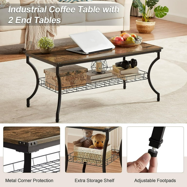 VECELO 3 Piece Occasional Coffee Table Set Vintage Set of 3 Living Room Set with Coffee Table 2 End Table Brown