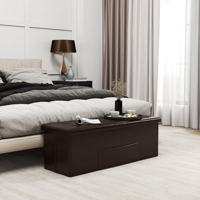 Giantex Pouf de Rangement Pliant, Banc Rembourré en Cuir PU, Coffre de Rangement Tabouret Repose-Pieds Pliable, Brun