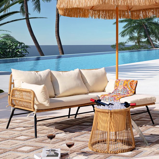 NICESOUL 3PCS Boho Patio Sectional Furniture Wicker Outdoor Sofa Conversation Set, Steel Frame