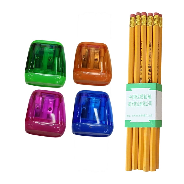 Student Plastic Pencil Sharpener Set with 4 Sharpeners and 10 Pencils, Double Hole Geometric Design, Transparent Shavings Container, Portable for School and Art