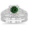 thumbnail image 2 of 2.25 Carat Green Emerald 6mm Round Cut Vintage Halo Floral Bridal Set Diamond Moissanite Engagement Ring On 10K White Gold, 2 of 2