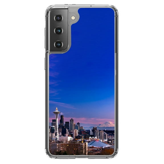 DistinctInk Clear Shockproof Hybrid Case for Galaxy S21 5G (6.2" Screen) - TPU Bumper, Acrylic Back, Tempered Glass Screen Protector - Seattle Skyline Night - Show Your Love of Seattle