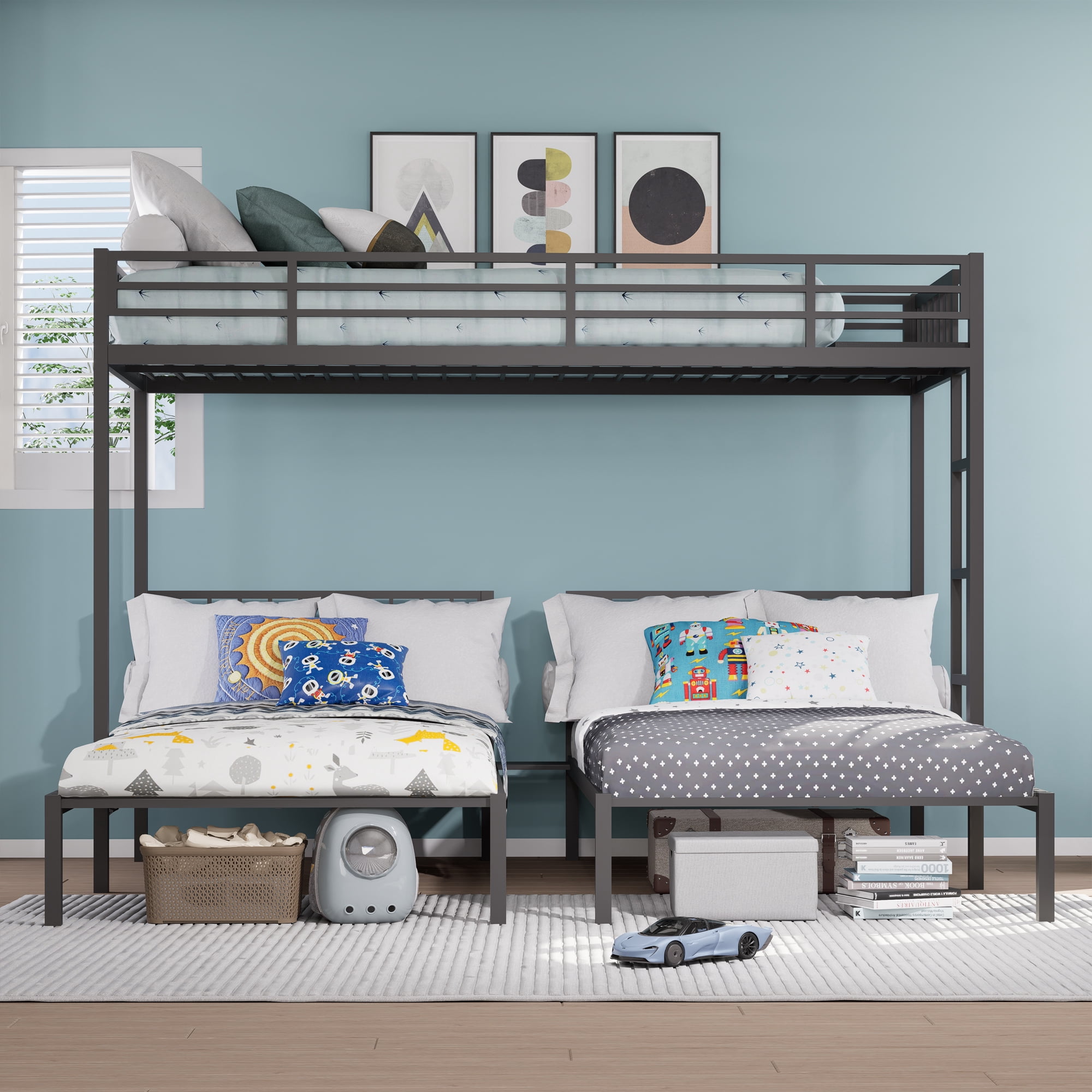 Triple Bunk Bed, Twin Over Twin Metal Bunk Bed Frame with Safety Guardrails and Ladder, Heavy Duty 3-Bed Converts to Separate Beds, Space-Saving Family Ready Solution for Bedroom, Black