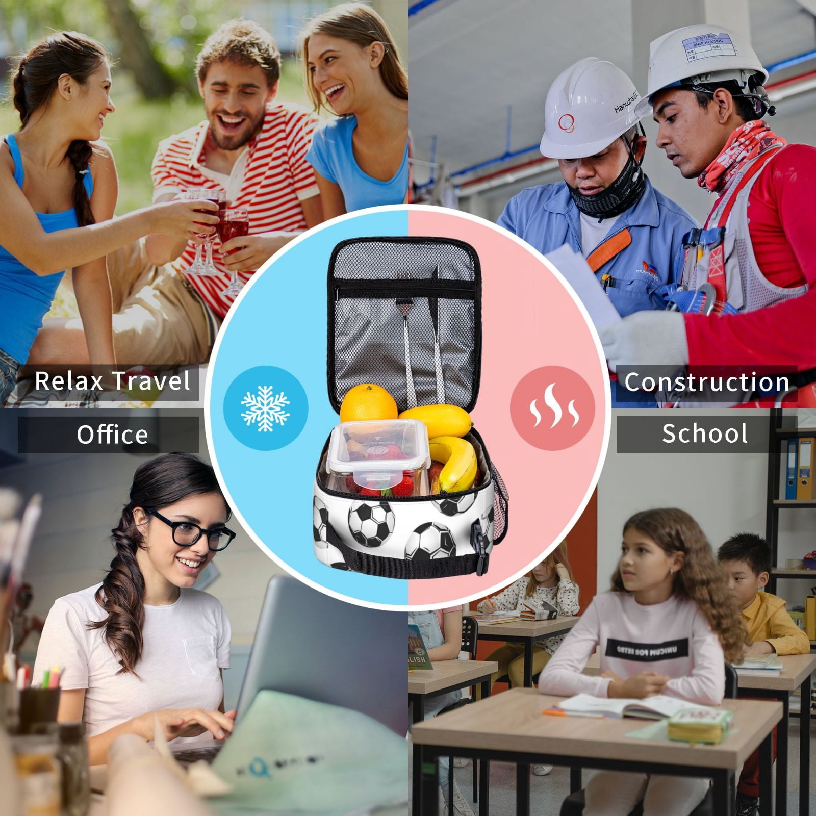 Lunch Bag For Women Men Insulated Portable Lunch Box Bento Box Office Picnic Travel Cooler Bag Soccer Football Theme Sporty Dynamic Style Soccer Balls