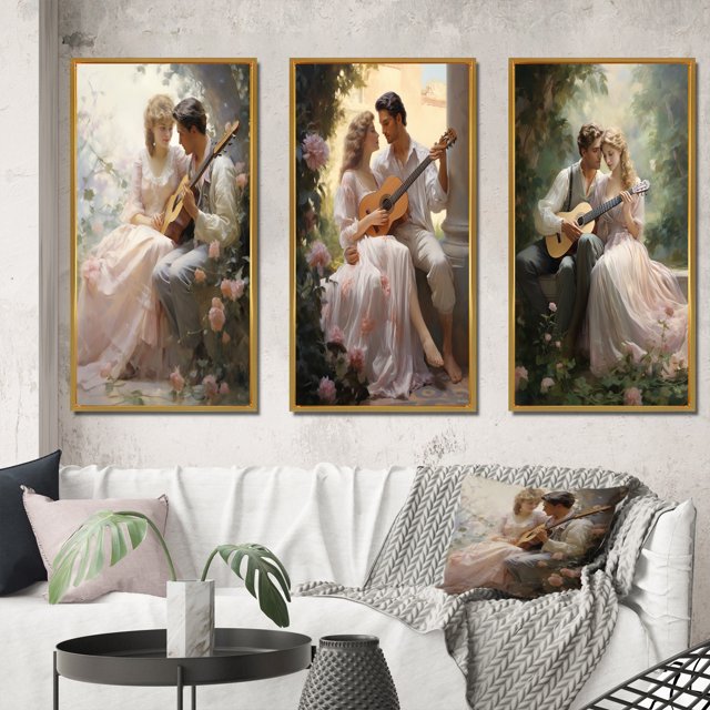 Designart "love Couple Landscape Serene III" Entertainment Framed Wall Art Set Of 3 - Red Romantic Landscape Frame Canvas Set For Living Room Decor