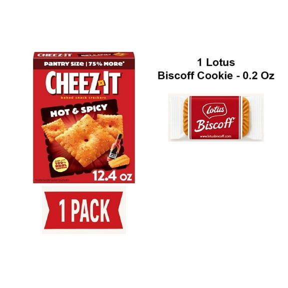 Cheez-It Cheese Crackers, Baked Snack Crackers, Lunch Snacks, Hot And Spicy, 12.4Oz Box (1 Box) - Pack Of 1 & Lotus Biscoff Cookie - 0.2 Oz - 1 ct