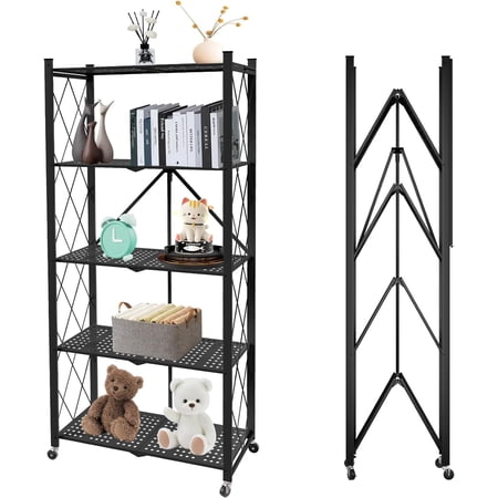 5 Tier Folding Shelf with Wheels,Metal Steel Collapsible Shelves,No Assembly Portable Shelves Organizer Rack,Rolling Standing Utility Rack for Kitchen, Pantry, Office, Black