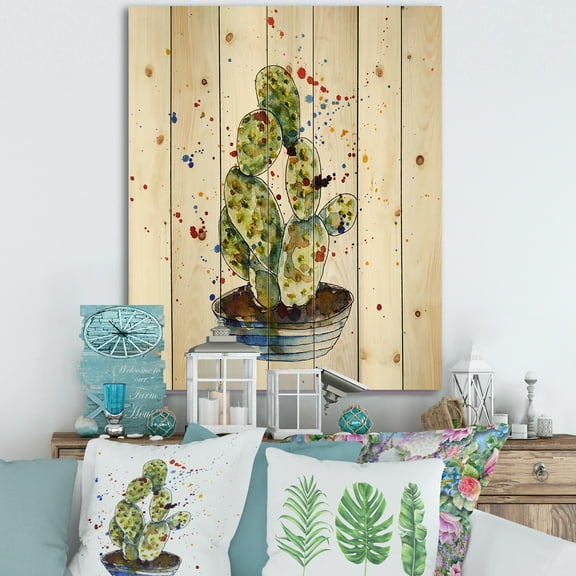 Designart 'Abstract Cactus Houseplant' Botanical Print on Natural Pine Wood
