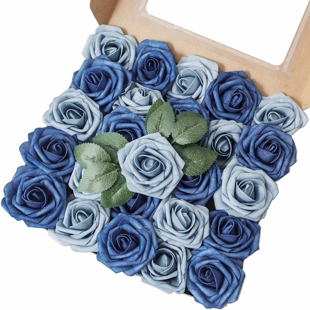 Roses Artificial Flowers 25pcs Realistic Dusty Blue Fake Roses Wstem For Diy Blue 3558