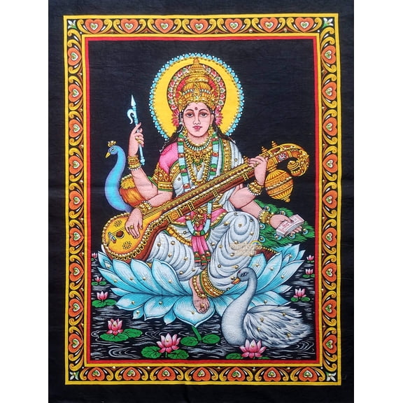 Hindu Goddess Saraswati Wall Hanging Tapestry Poster Sequin Spiritual art for Home Decor