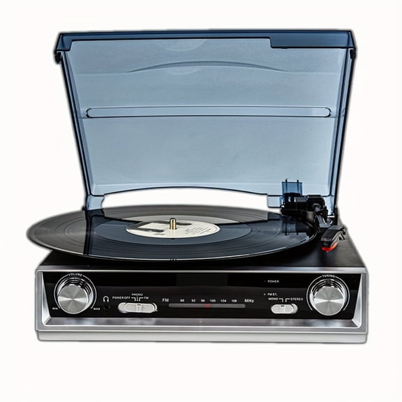 3-Speed Vinyl Record Player with Built-In Speaker, Turntable, Beltdrive System, FM Radio, 3.5mm Music Out Jack