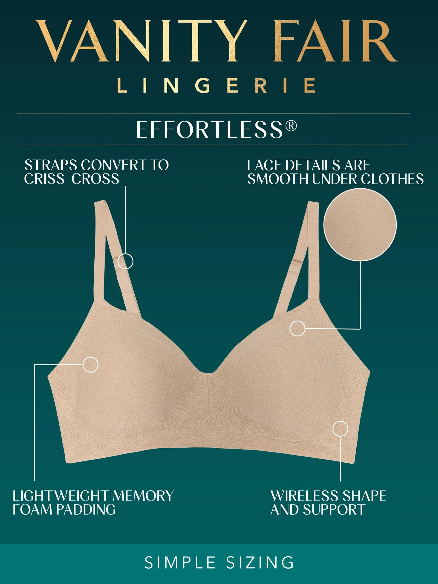 Vanity Fair Lingerie Women's Effortless Wireless Bra, Convertible Straps, Smooth Lace, Sizes S-3XL, Style 72125