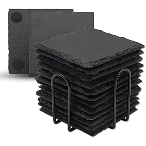 12 Pack Slate Drink Coasters with Metal Holder, 4 Inch Black Slate Stone Coasters Bulk Laser Engraving Blanks with Anti-Scratch Bottom for Drink Coffee Bar Kitchen Home Decor, Square