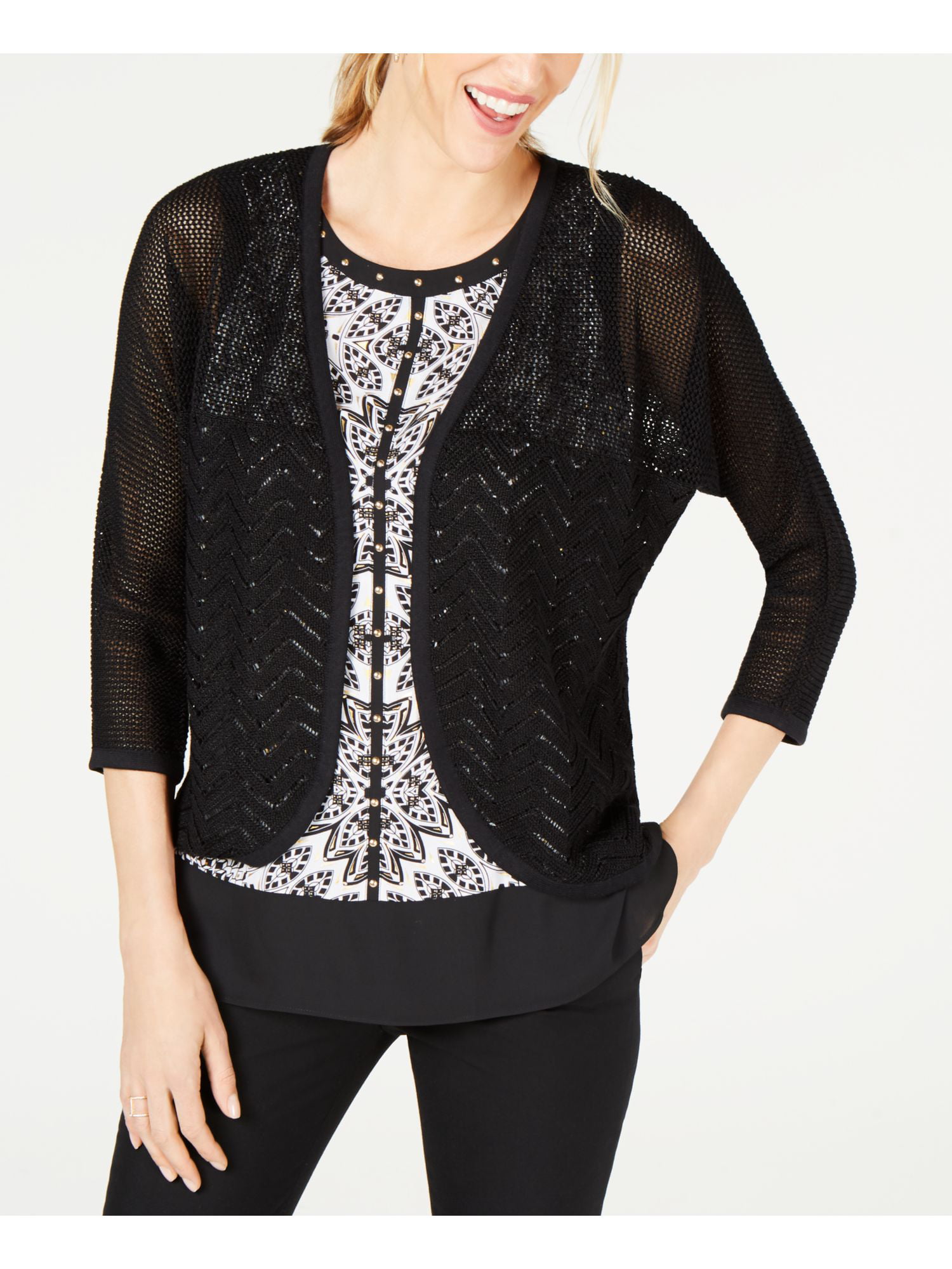 JM Collection - JM COLLECTION Womens Black 3/4 Sleeve Open Cardigan