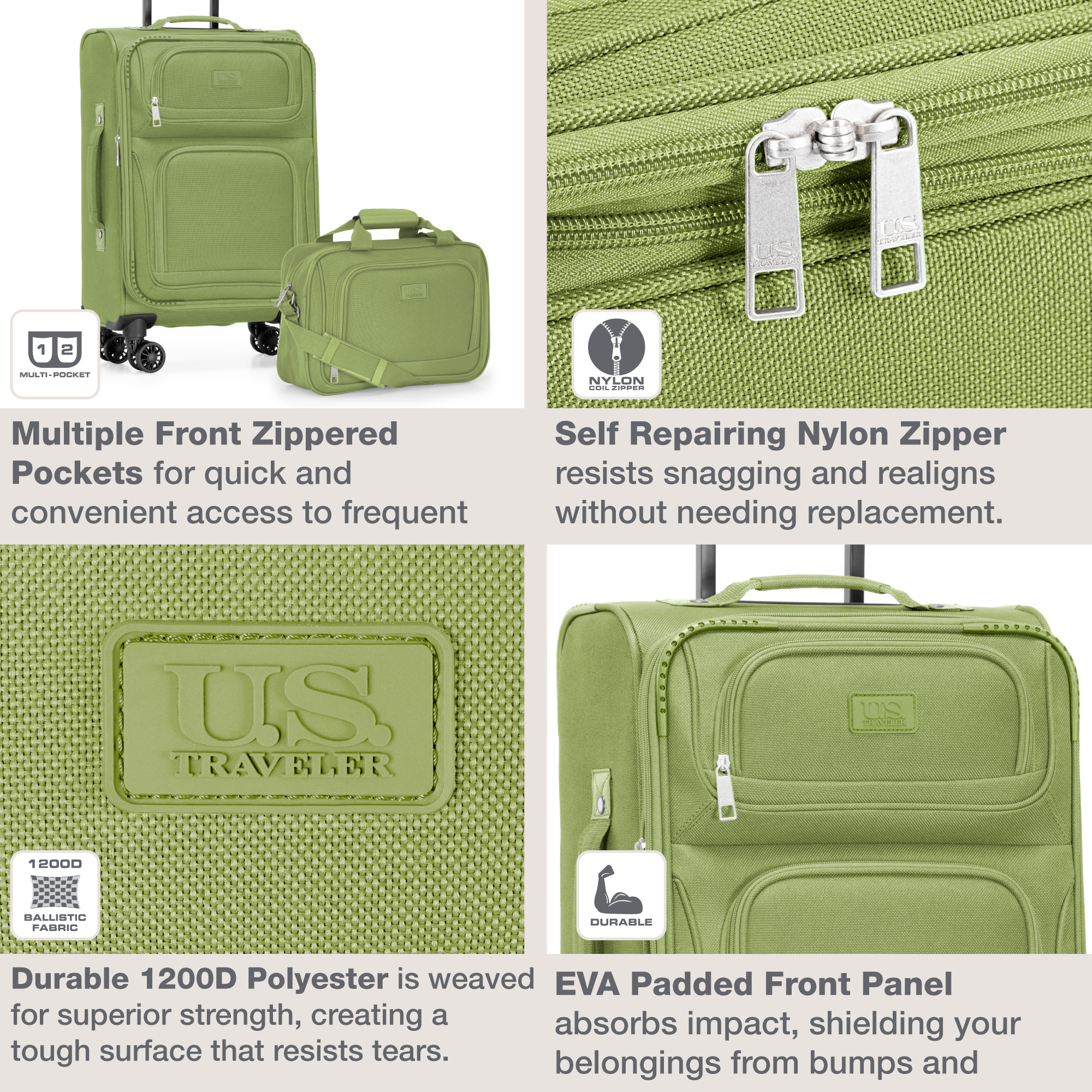U.S. Traveler Rio 2-Piece Expandable Softside Carry-on Luggage Set - Spinner Wheels, TSA-Approved, Tote Bag, Lightweight Travel Suitcase, Light Green (22/14)