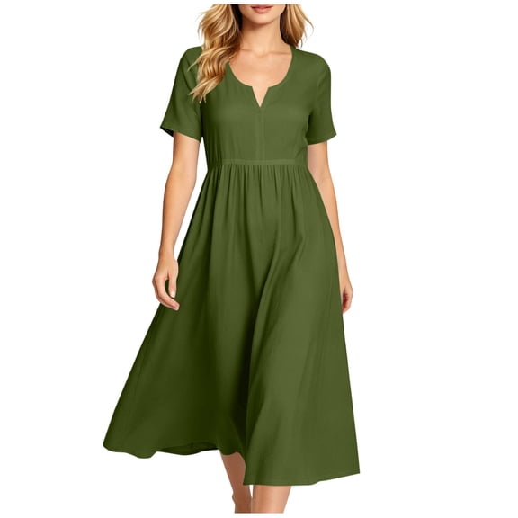 Vivianyo HD Women's Notch Neck Short Sleeve Midi Dress, Casual Empire Waist Dress for Women Flowy A-Line Pullover , Women's Army Green, Sizes S-5XL