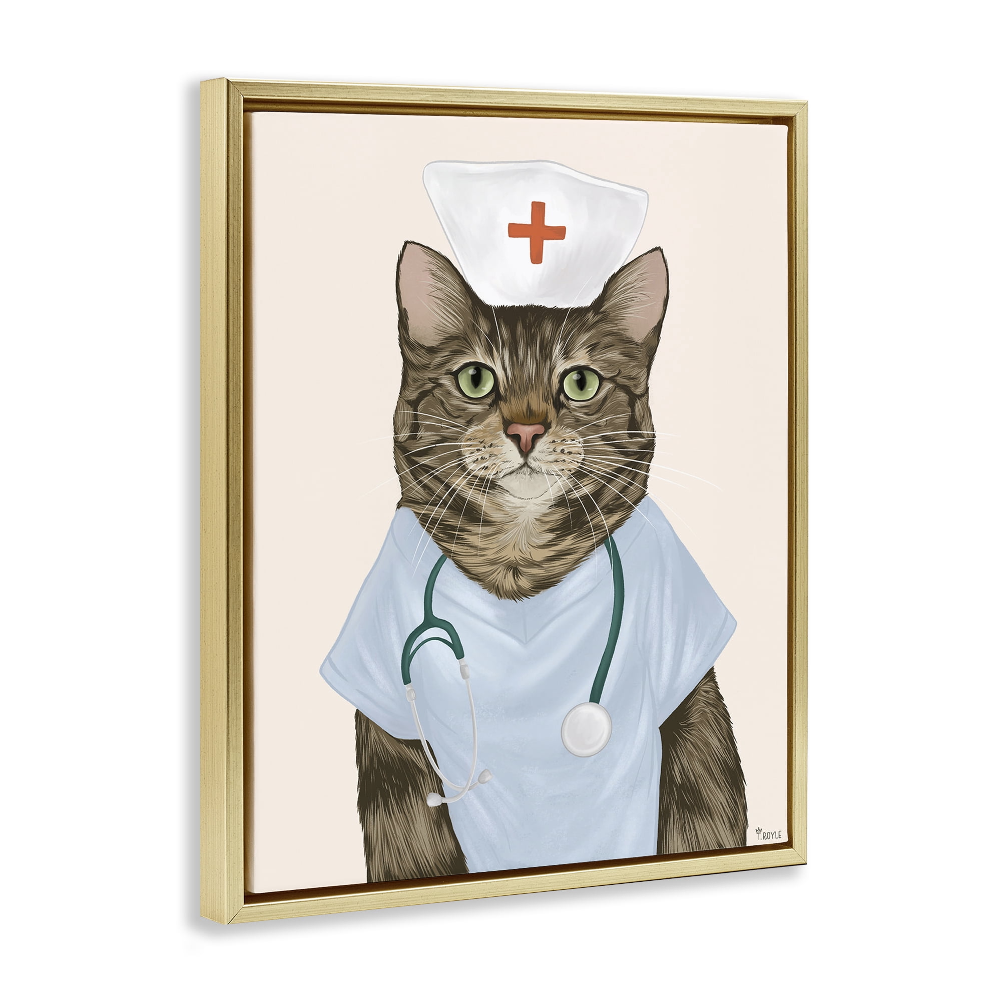 Stupell Industries Nurse Doctor Cat Animals & Insects Painting Gold Floater Framed Canvas Art Print Wall Art, 17 x 21