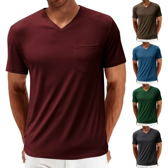 ZRGHAOYLQ Knitted Striped Texture Shirt Men Short Sleeve Big and Tall T Shirts Business Casual Solid Color T-Shirts Plus Size V Neck Shirt with Chest Pockets