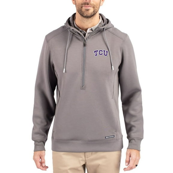 Men's-Cutter & Buck  Gray TCU Horned Frogs Roam Eco Recycled Half-Zip Pullover Hoodie