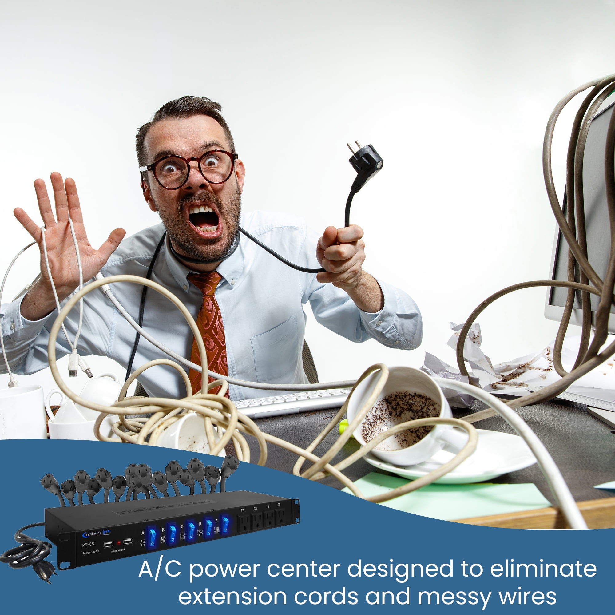 Power Strip Surge Protector, 19-Inch Rack Mount,  20 Outlets – 16 Rear 120V 3-Prong Sockets, 4 Front AC Outlets, 3 USB Ports, 5V Charging, Ideal for Home, Office & Server Rack by Technical Pro