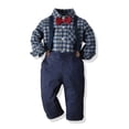 thumbnail image 2 of LEKWK Boys Gentleman 3 Piece Outfits Plaid Long Sleeve Button Down Shirt with Bowtie and Suspender Pants Toddler formal Party Dress Suit Fall Matching Sets, 2 of 9