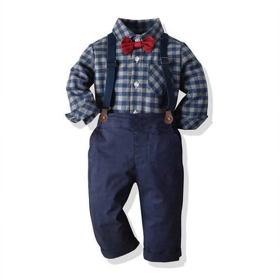 asjyhkr Toddler Boys Clothes 2 Piece Outfits Soft Plaid Tops with Bow-Tie Suspender Strap Pants Classic Party Vacation Sets(1-2 Years)