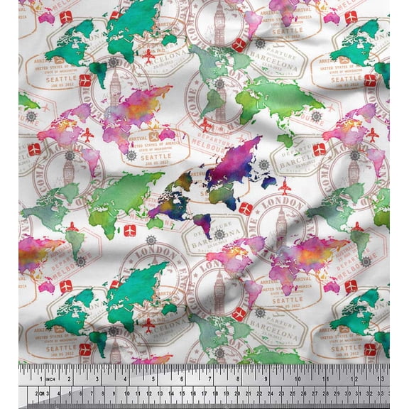Soimoi White Silk Fabric Stamp & World Map Print Fabric by the Yard 42 Inch Wide