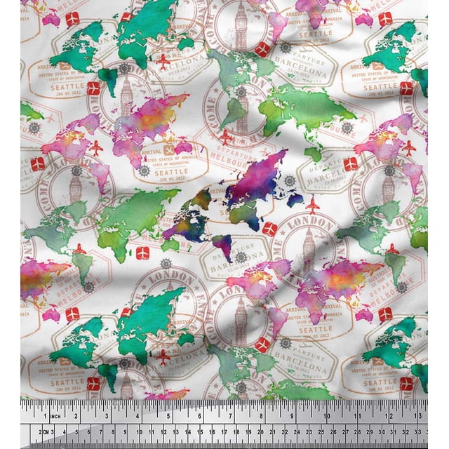 Soimoi White polyester Crepe Fabric Stamp & World Map Print Fabric by the Yard 52 Inch Wide