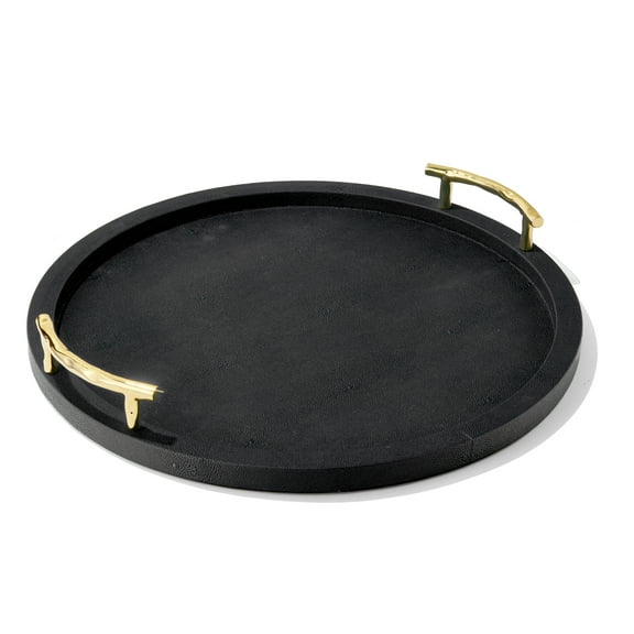 BLACK ROUND TRAY W/GOLD HANDLES 17.32x1.14"