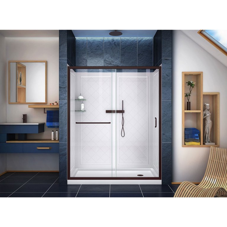 DreamLine Dl-6118-clr-06 Infinity-Z 34 in. D x 60 in. W x 76 3/4 in. H Clear Sliding Shower Door in Oil Rubbed Bronze, Right Drain and Backwalls