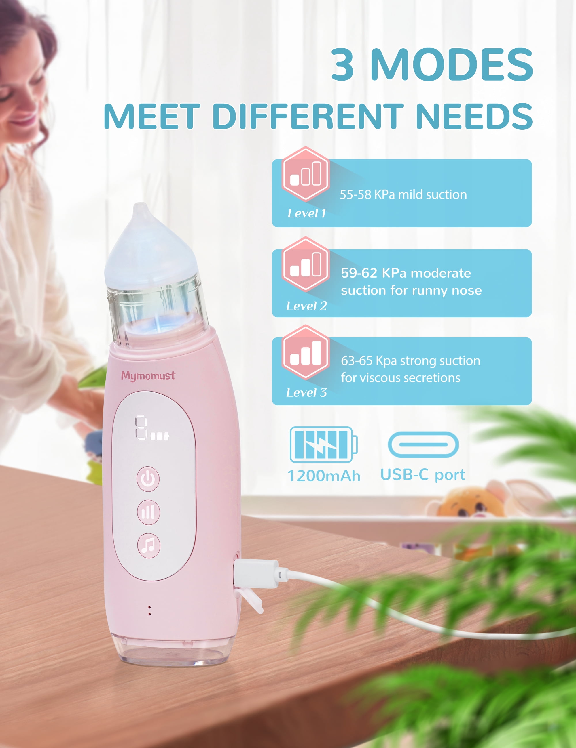 Mymomust Nasal Aspirator for Baby Electric Nose Sucker Self-Cleaning Nose Cleaner with 3 Suction Levels & Music & Colorful Lights Soothing Function Rechargeable Portable Baby Nasal Aspirator, Pink