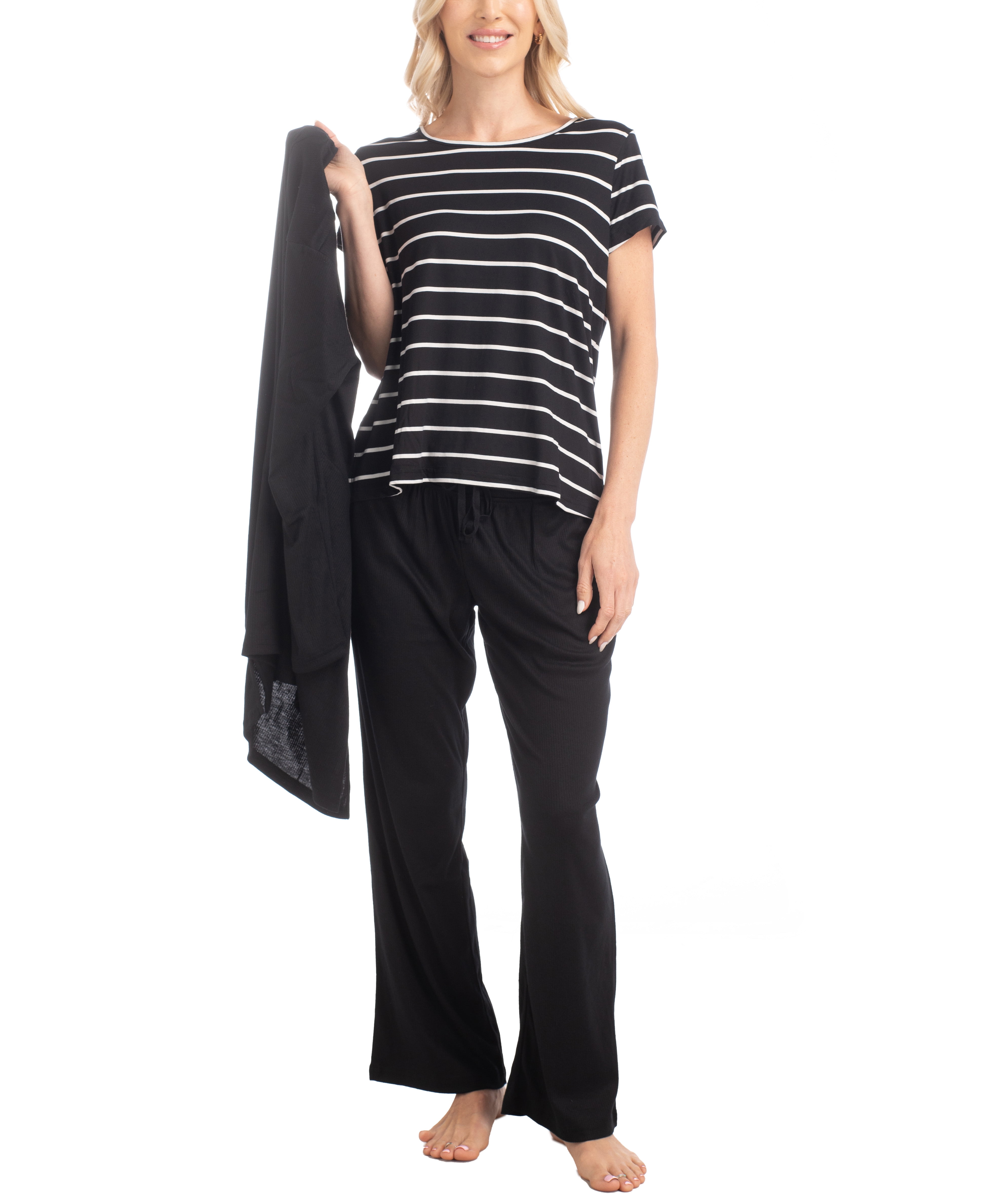 MUK LUKS Anything 3 Piece Sleep and Lounge Set, Black Stripe, P/M