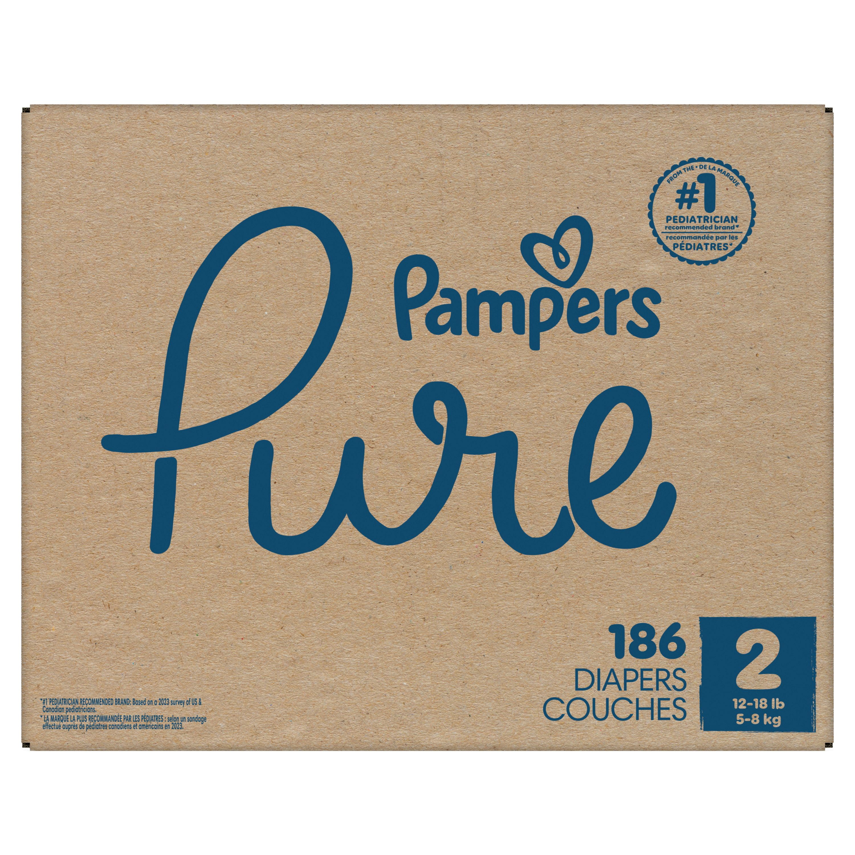 Pampers Pure Baby Diapers, Size 2 (12-18 lbs), 186, Up to 100% Leakproof, Premium Hypoallergenic Soft Diapers