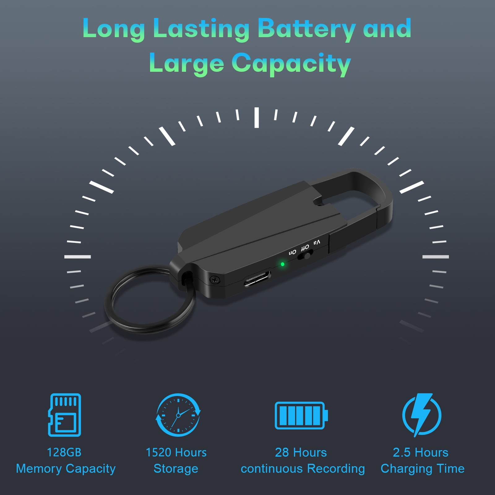 RONY 128GB Digital Voice Recorder with Playback, 1520 Hours Keychain Voice Activated Recorder with Noise Reduction for Lectures Meetings Music