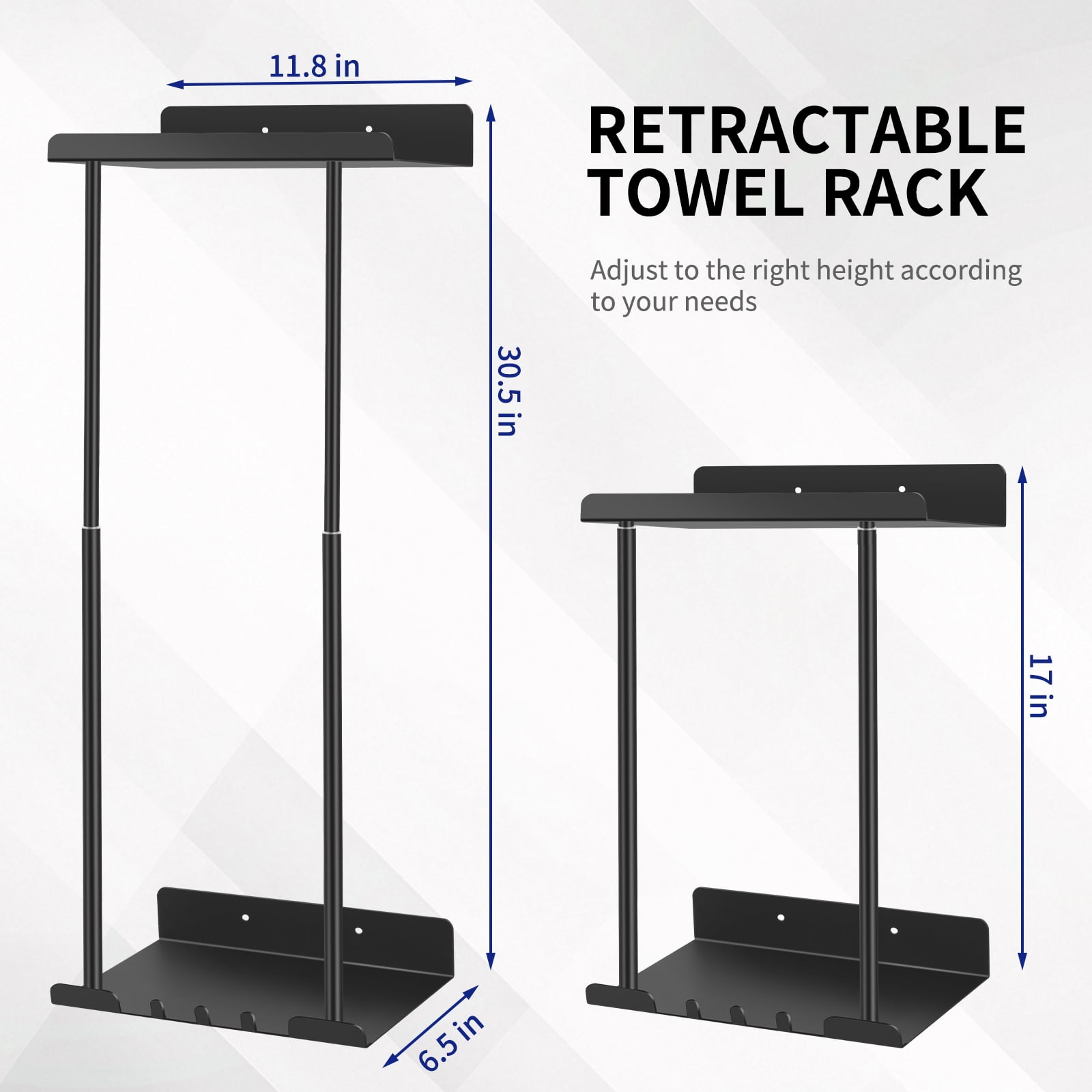 PHANCIR Retractable Wall-Mounted Towel Rack for Bathroom, Metal Towel Holder with Shelf & Hooks, Storage for Bath Towels & Hand Towel, Black