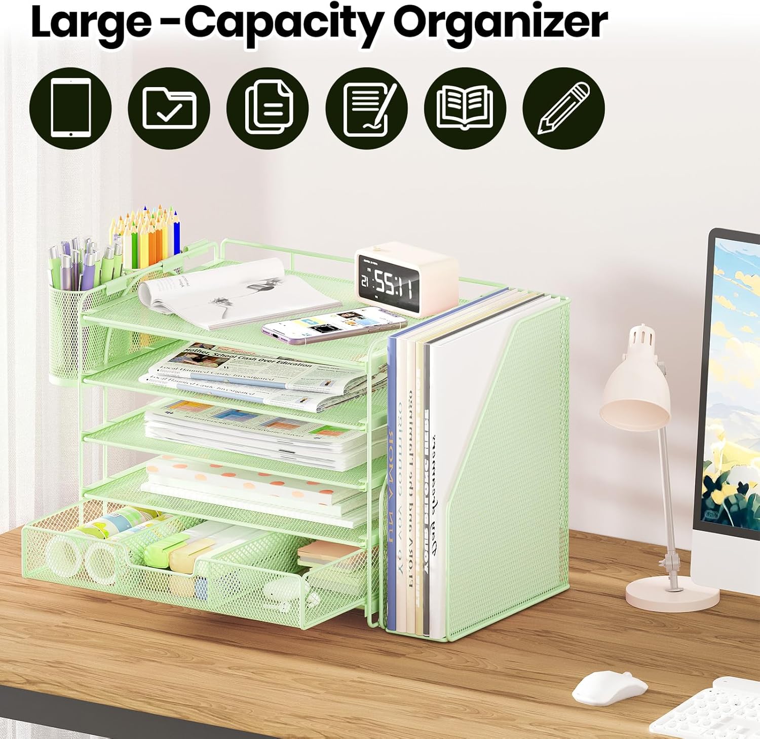 ThrottleT-Desk Organizers and Accessories with File Holder, 5-Tier Office Desk Accessories & Workspace Desktop Organizer with Drawer and 2 Pen Holder, File Paper Organizer for Office Supplies(Green)
