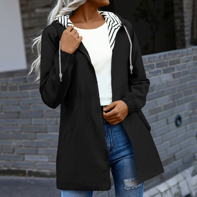 RBCKVXZ Imperméables pour Femmes à Fermeture Éclair, Manteau de Pluie Doublé à Rayures avec Capuchon, Long Trench avec Poche, Mode Randonnée Voyage Coupe-Vent Noir TTTTG