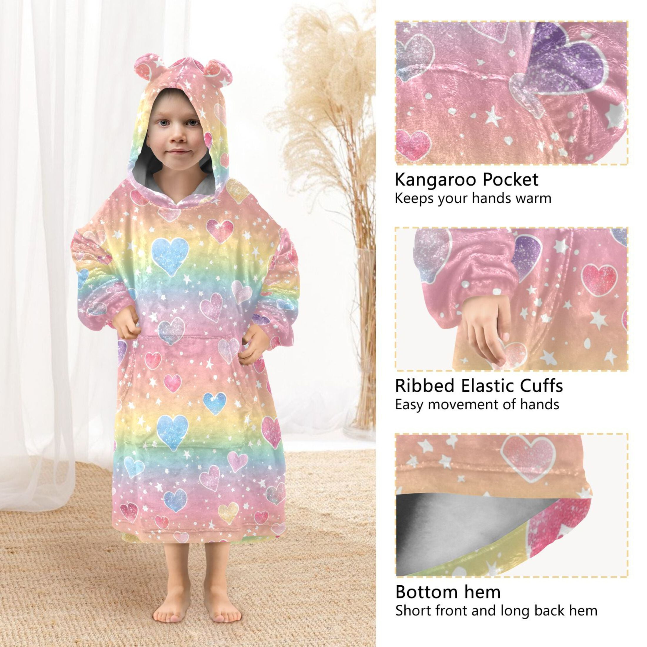 Dailycode Wearable Blanket Hoodie Oversized Sherpa Flannel Blankets with Pocket for 3-14 Year Old Rainbow Hearts