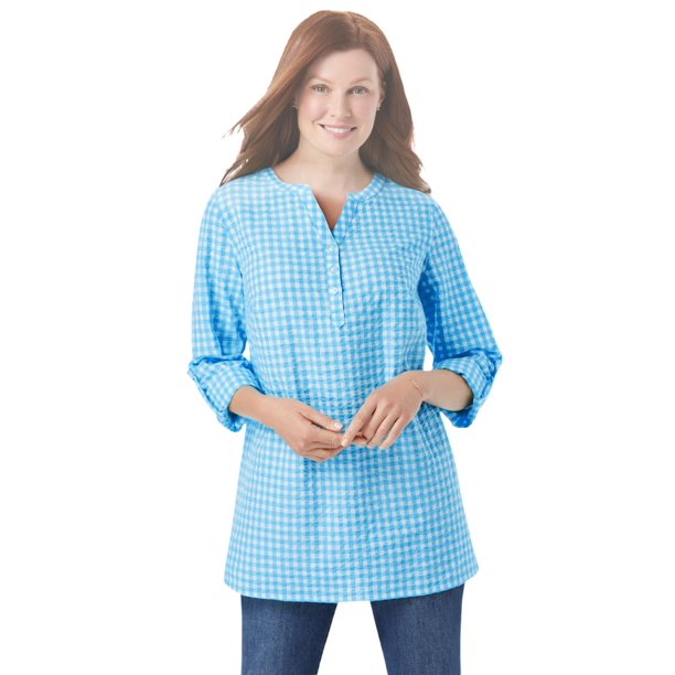 Woman Within Women's Plus Size Seersucker Notch Henley Tunic 14/16