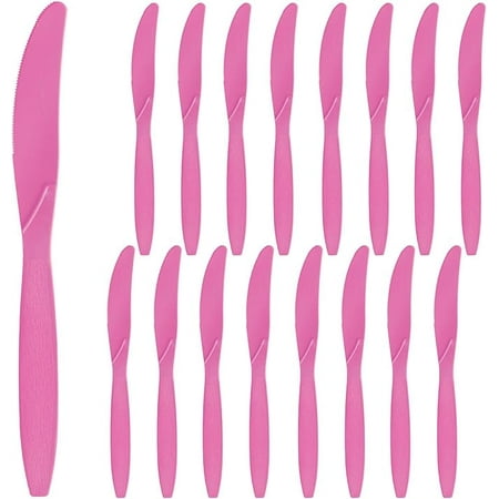 Party City Disposable Plastic Knives, 16 Count (Bright Pink) - Go Brightly Heavy Duty Classic Reuseable Plastic Knife - Premium Party Supplies Cutlery