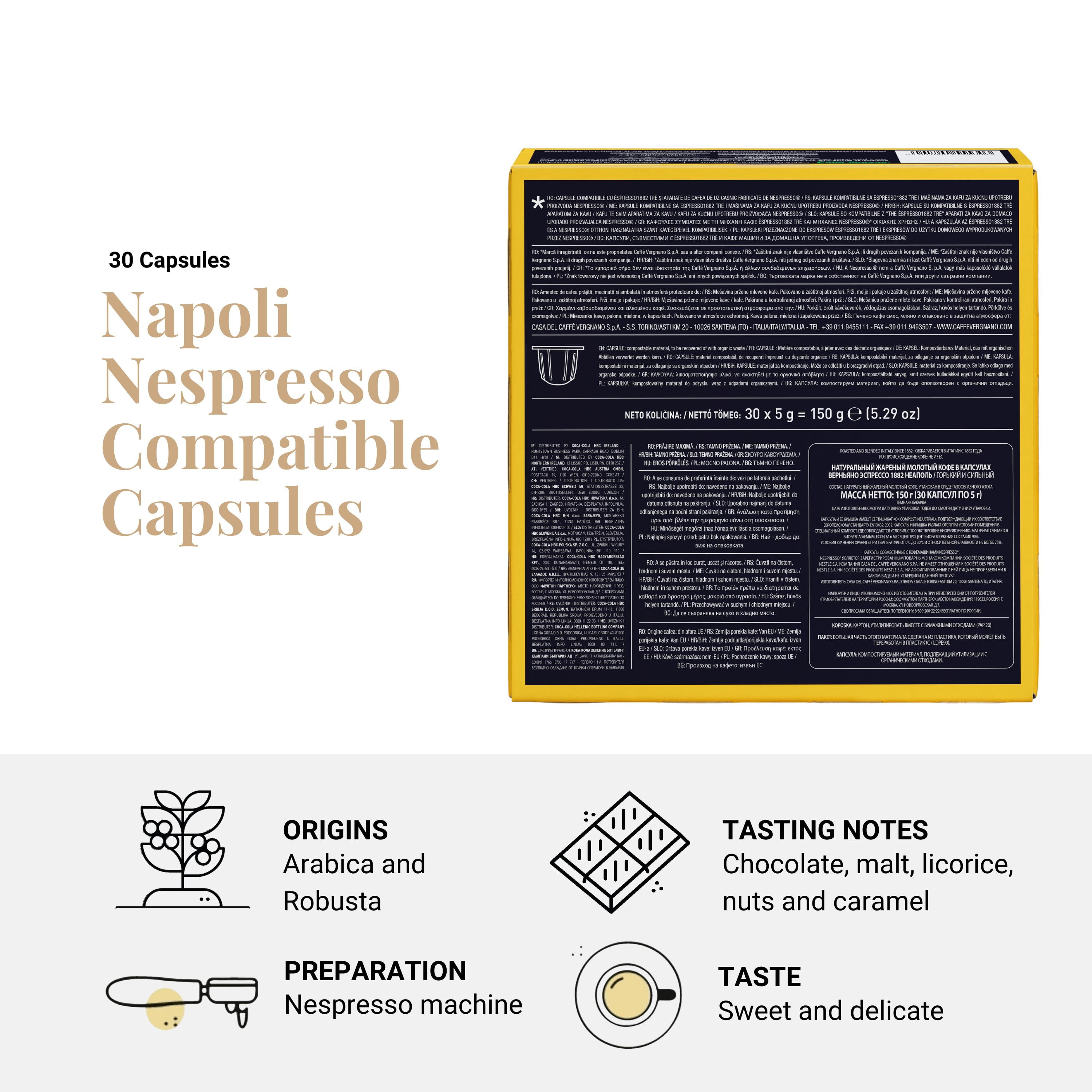 Caffe Vergnano 1882 Medium Roast Espresso Original Line Machine Compatible Capsules, Single-Serve Arabica Robusta Espresso Coffee, Italian Coffee for Nespresso Machines, Intensity 10/10, Napoli,30 Ct