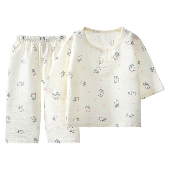 Ulanda Toddler Baby Girl Cotton Linen Button-up Pajamas Bear Print Long Sleeve Kid Sleepwear PJs Set (Light Blue, 6-12 Months)