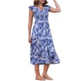 thumbnail image 4 of INSPIRE CHIC Vestido Midi de Playa para Mujeres de Verano con Estampado, Cuello en V, Cintura Elástica, Mangas con Volantes, Corte A, Talla L, Azul, 4 of 6