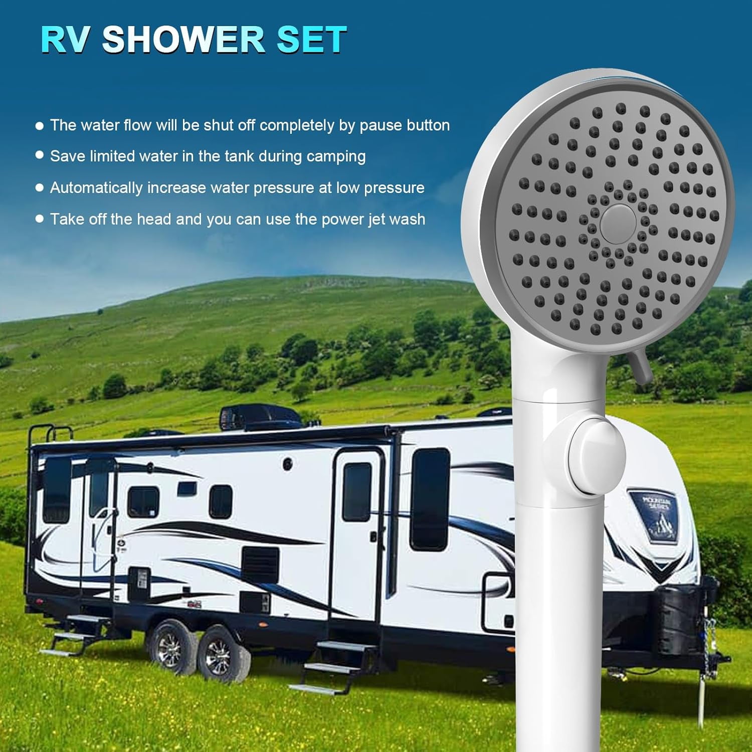 SONGAUN RV Shower Head with Hose, High Pressure 5 Mode Shower head Replacement, Shower Head for RV/Campers, Travel Trailer, Motorhome for Water Saving